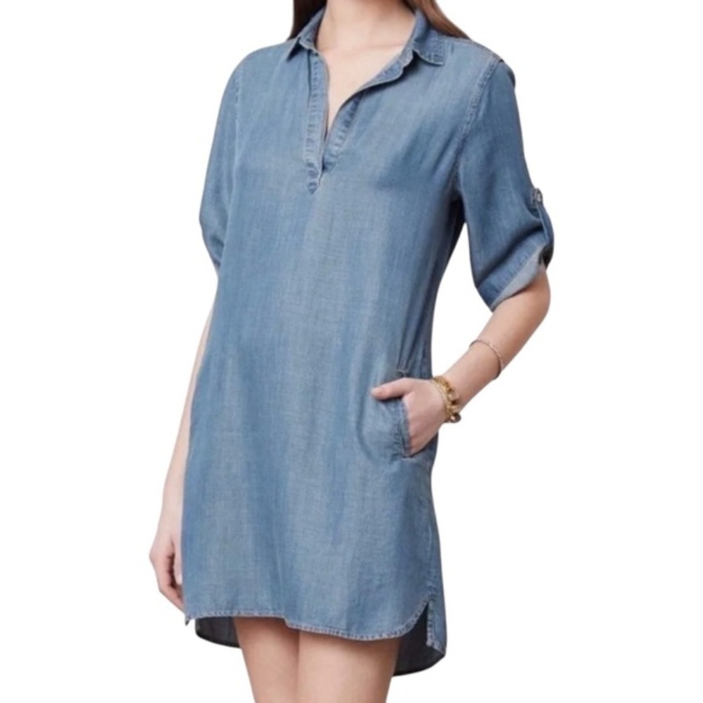 Anthropologie Cloth & Stone Chambray 3/4 Sleeve Tunic Dress in Blue Wash